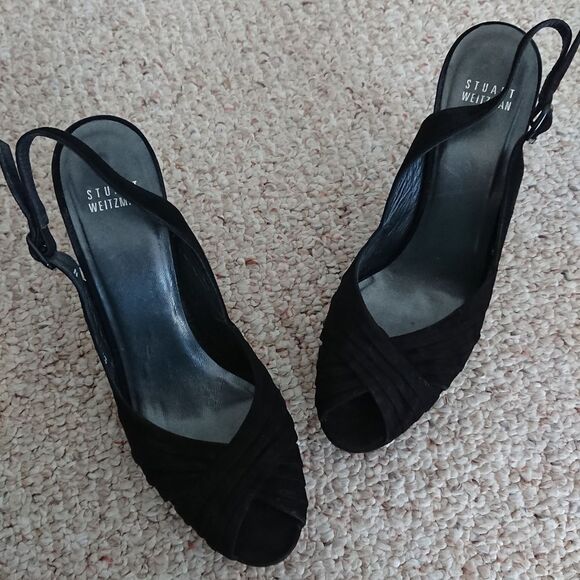 Stuart Weitzman Suede Peep Toe Pleated Slingback Pumps black size 7.5N / 7 - Picture 6 of 9